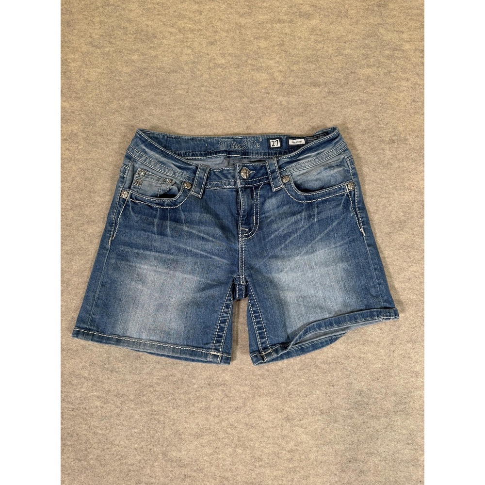 Miss Me Bermuda Shorts Womens 27 Medium Wash Blue Embroidered Stretch Denim